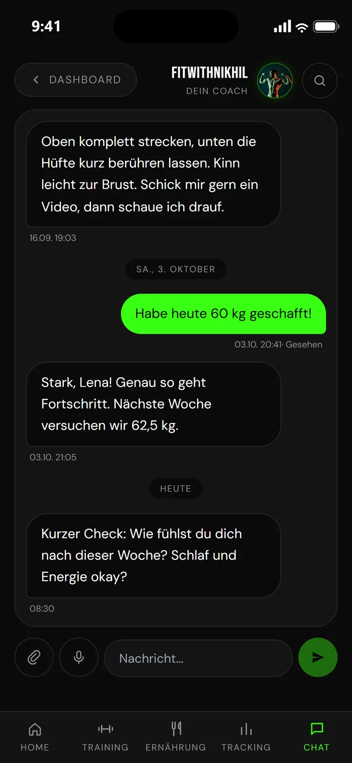 Coach-Chat in der FitWithNikhil App