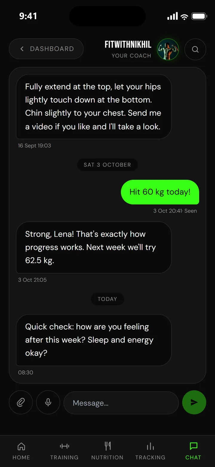 Coach chat in the FitWithNikhil app